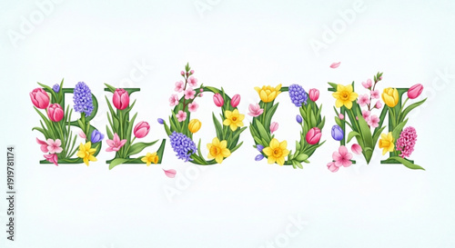 Colorful spring flowers decorate the word 'woman' in a vibrant floral arrangement on a white background