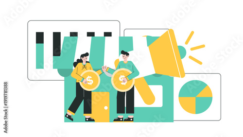 A team collaborating on a marketing strategy featuring a large megaphone, financial charts, and coins to boost brand awareness