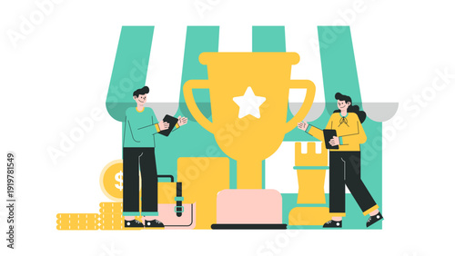 Team of professionals celebrating business achievement and success with a giant trophy and store concept