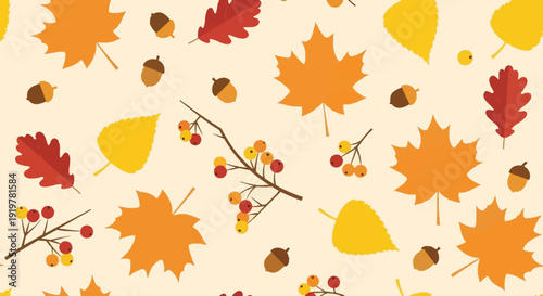 Vibrant autumn leaves and berries pattern on beige background.