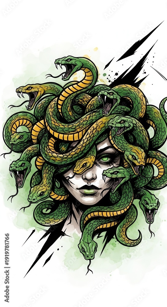 Fototapeta premium Mythological female figure featuring a dense mass of serpentine creatures replacing her hair
