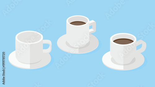 Isometric illustration of three white coffee cups on saucers