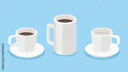 Isometric view of three white coffee cups with dark liquid