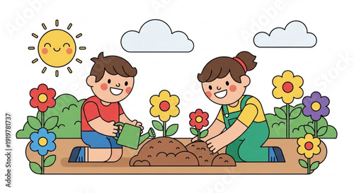 Two children gardening together outdoors on a sunny day with flowers and soil