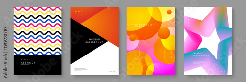 A set of four creative poster templates featuring colorful wave patterns geometric triangles vibrant circles and 3D fluid star shapes for modern branding
