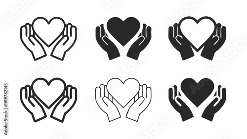Hands cradling hearts a set of monochrome vector illustrations