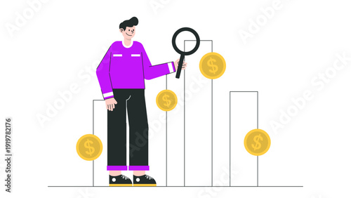 A businessman using a magnifying glass to analyze financial charts and dollar coin performance