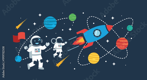 Astronauts and Rocket Ship in Outer Space with Planets and Stars.