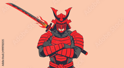 Illustration of a samurai warrior in red armor with crossed arms and a sword.