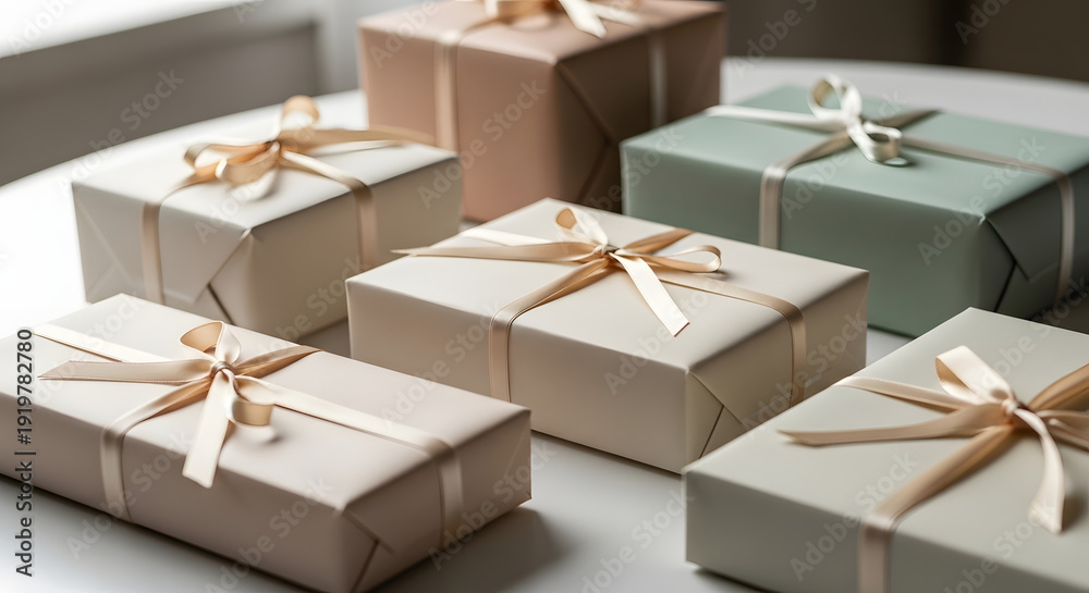 Fototapeta premium Wrapped gift boxes with satin ribbons in neutral pastel colors