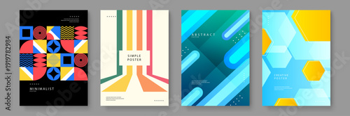 Collection of four minimalist posters featuring geometric shapes Bauhaus style elements and modern abstract compositions in vibrant colors
