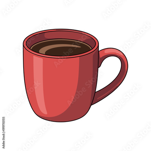 Red ceramic coffee mug filled with dark hot beverage sits ready for morning.