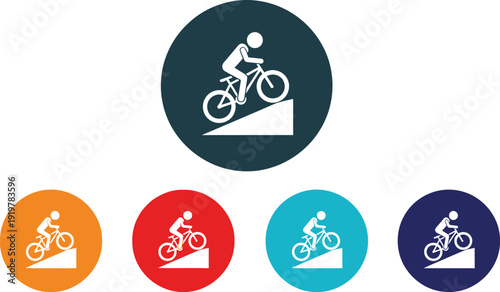 Bicycle rider icons display various colors for extreme downhill mountain biking sports activity.