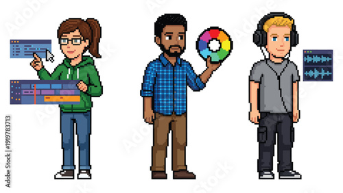 Pixel Art Digital Media Professionals: Video, Design, and Audio Creative Team