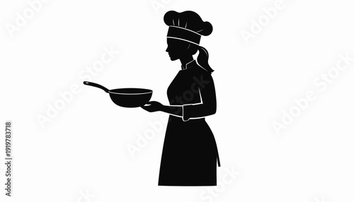 Silhouette of a female chef holding a frying pan.