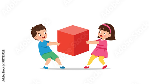 Kids pulling red cube in opposite directions, symbolizing conflict, competition, or struggle over an object