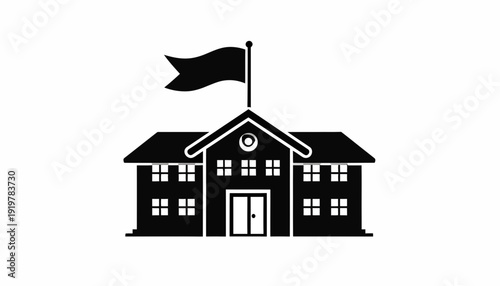 Simple black and white school building illustration with flag.