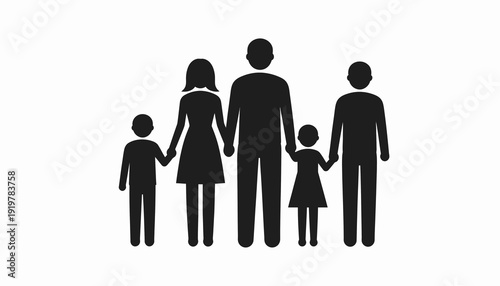 Silhouette of a family of five holding hands together.