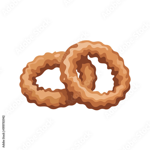 Two crispy golden onion rings are stacked loosely together illustrating delicious.