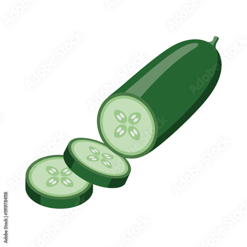Fresh green cucumber is partially sliced into thick, circular pieces on a white.