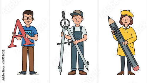 Diverse Creative Professionals Holding Design and Art Tools Illustrations