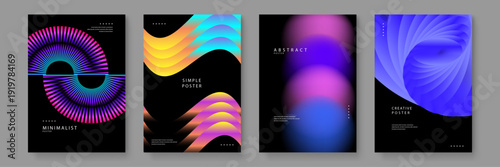 Collection of four futuristic posters on black backgrounds featuring neon fluid waves 3D spirals and abstract blurred light effects