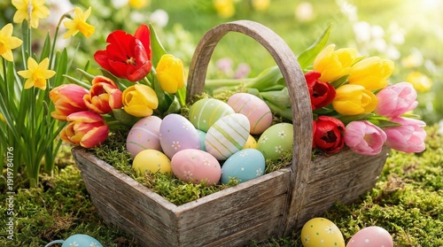 Rustic wicker basket filled with pastel Easter eggs in spring garden with yellow daffodil and tulip flowers, green grass, sunlight bokeh, outdoor seasonal celebration scene