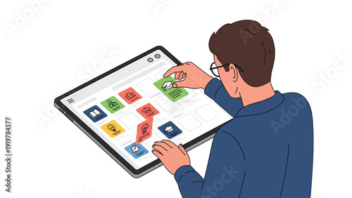 Man designing digital workflow on tablet, dragging app icons. UI/UX development, process management, and technology concept.