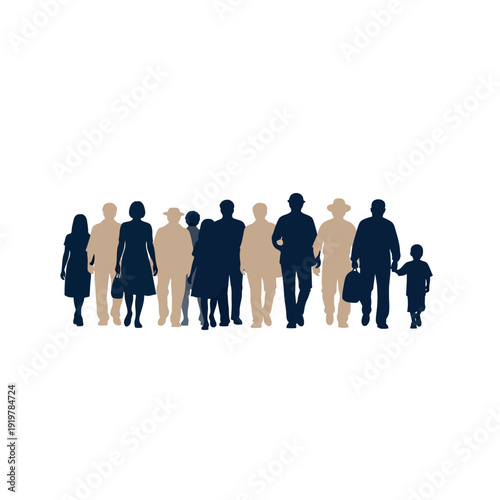 Diverse group of people walking together in a line.