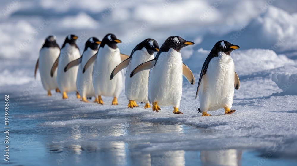 Fototapeta premium Penguins walking on ice day