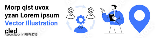 Business organization, decision-making, project management, workflow systems, team coordination, logistics. Gear and person icons with rotation arrows and presenter figure. Business organization