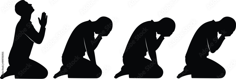 Φωτογραφία Silhouette illustration of a person kneeling in prayer, transitioning to a posture of grief and sadness, representing spiritual struggle, emotional pain, and desperate plea
