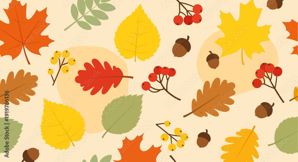 Obraz premium Vibrant autumn leaves and foliage pattern with acorns and berries.