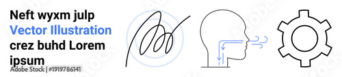 Fluid signature, human profile exhaling air, and gear representing process, action, and creativity. Ideal for branding, technology, innovation, communication workflow mechanism simple landing page