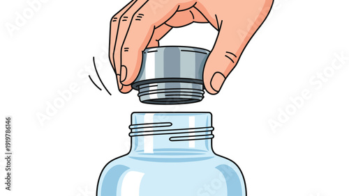 Hand screwing or unscrewing bottle cap. Person opening or closing a clear plastic bottle with a twist-off lid. Vector illustration.