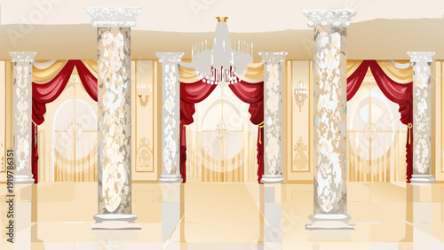 Elegant ballroom interior with marble columns drapes and a chandelier