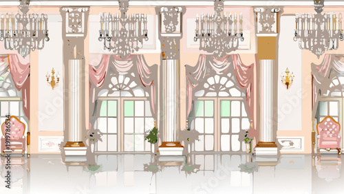Ornate ballroom interior with columns drapes and decorative furniture