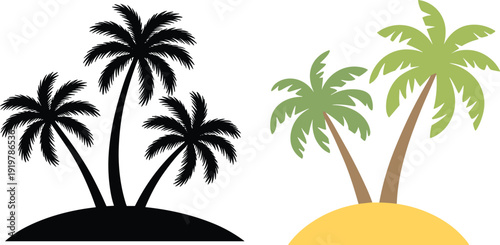 Tropical Palm Tree Silhouettes on Island Vector Illustration Set with Black and Colored Summer Beach Landscape Design Elements Isolated on White Background