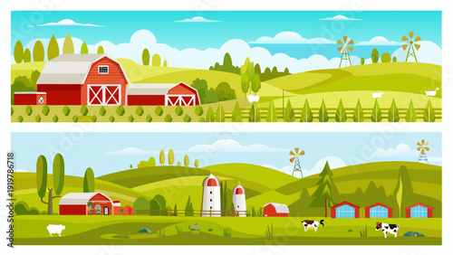 Charming rural landscape featuring barns fields and livestock under a blue sky