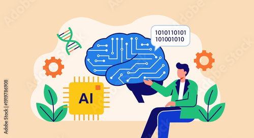 Man interacting with AI brain illustration with binary code and gears.