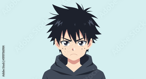 Anime style young man with spiky black hair and freckles on a light blue background.