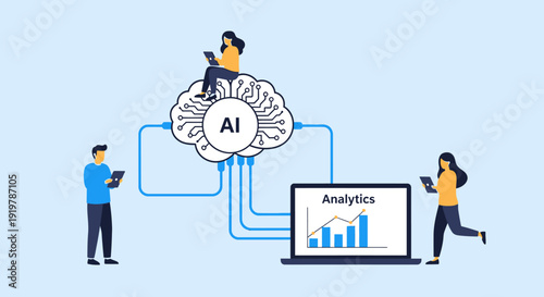 Illustration of people interacting with AI technology and analytics on laptop.