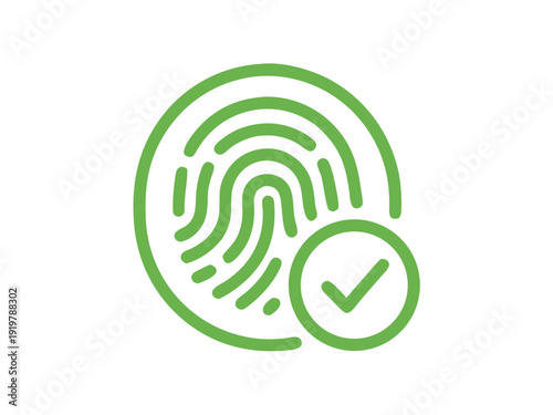 Biometric fingerprint scan icon with a green check mark for digital security identity verification and secure access technology concepts isolated on transparent background.