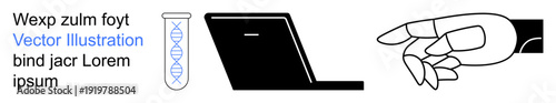 Biotechnology, artificial intelligence, research, technology, genetic engineering, data analysis. DNA sample, laptop and robotic hand . Biotechnology and artificial intelligence innovation concept