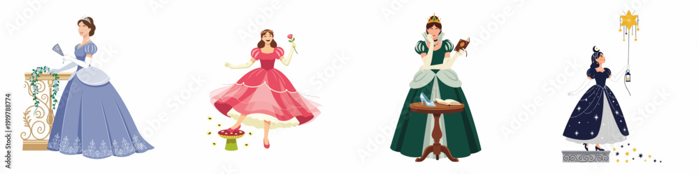 Ταπετσαρία Collection of Fairytale Princesses and Enchanted Characters, showcasing iconic fantasy figures with magical elements and elegant gowns, perfect for children's stories