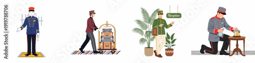 Hotel staff providing various services: doorman welcoming, bellhop with luggage, concierge at reception, and cleaning service.