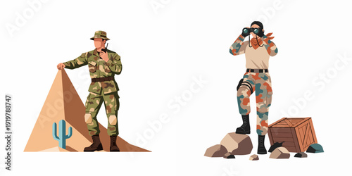 Military Personnel in Desert Environment: A male soldier with walkie-talkie and a female soldier with binoculars, depicting desert operations and reconnaissance.