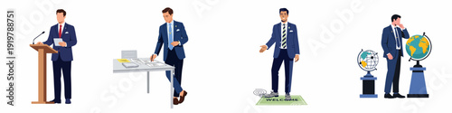 Professional Businessman engaged in public speaking, document signing, welcoming clients, and global business strategy, depicted in vector illustrations.