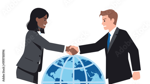 Global Business Partnership: Diverse Professionals Handshaking Over Earth Globe