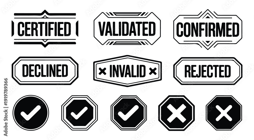 Obraz premium Stamps with certified validated and confirmed text labels for quality verification process